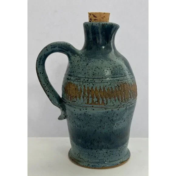 Hand Thrown Pottery  Jug Speckled Blue & Brown Glazed Ceramic Pitcher Cork Lid - Picture 5 of 7